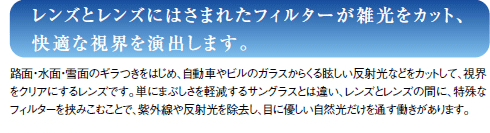 レンズとレンズにはさまれたフィルターが雑光をカット、快適な視界を演出します。