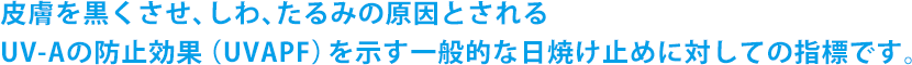 皮膚を黒くさせ、しわ、たるみの原因とされるUV-Aの防止効果（UVAPF）を示す一般的な日焼け止めに対しての指標です。