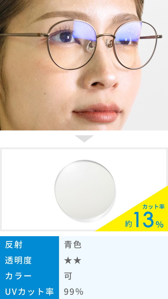 カット率約13% 反射：青色 透明度：星2つ カラー：可 UVカット率：99%