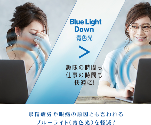 眼精疲労や眼病の原因ともいわれるブルーライト（青色光）を軽減！